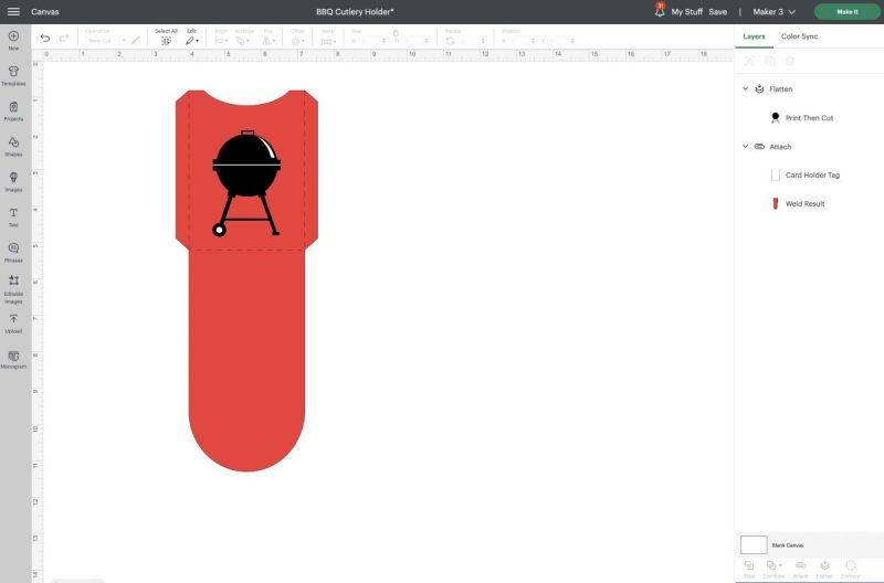 Cricut Design Space screenshot with a utensil holder layout