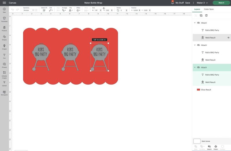 Cricut Design Space screenshot with a water bottle wrap