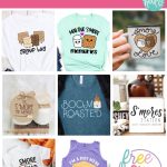 An image displaying a set of 8 free s'more-themed SVG designs. The designs feature adorable illustrations of s'mores, marshmallows, graham crackers, and chocolate, providing a variety of options for crafting projects.