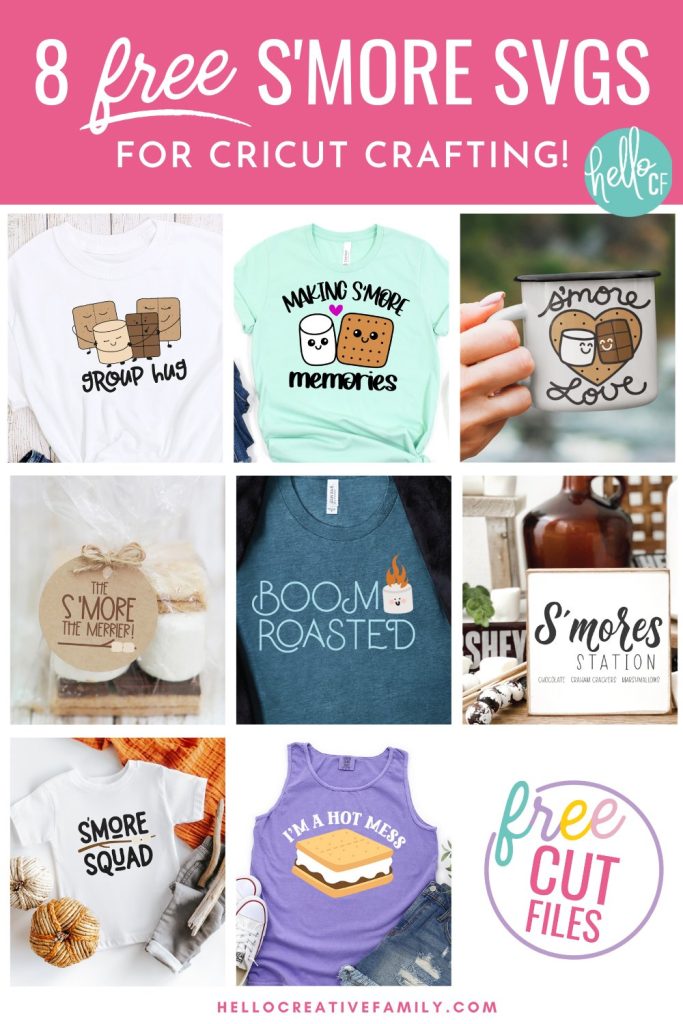 An image displaying a set of 8 free s'more-themed SVG designs. The designs feature adorable illustrations of s'mores, marshmallows, graham crackers, and chocolate, providing a variety of options for crafting projects.