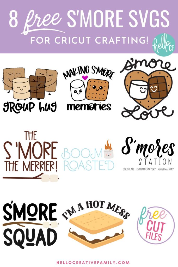 An image showcasing a collection of 8 free s'more-themed SVG designs. The designs include various elements related to s'mores, such as marshmallows, graham crackers, and chocolate, offering a range of options for crafting projects.