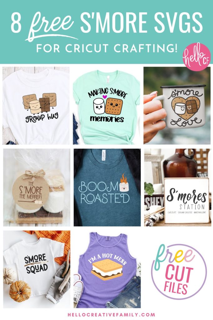 An image displaying a set of 8 free s'more-themed SVG designs. The designs feature adorable illustrations of s'mores, marshmallows, graham crackers, and chocolate, providing a variety of options for crafting projects.