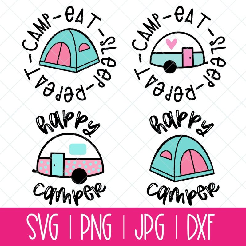 A collection of camper-themed designs, featuring images of camping trailers, tents, campfires, and outdoor elements, ideal for creating camping-inspired crafts and decorations.