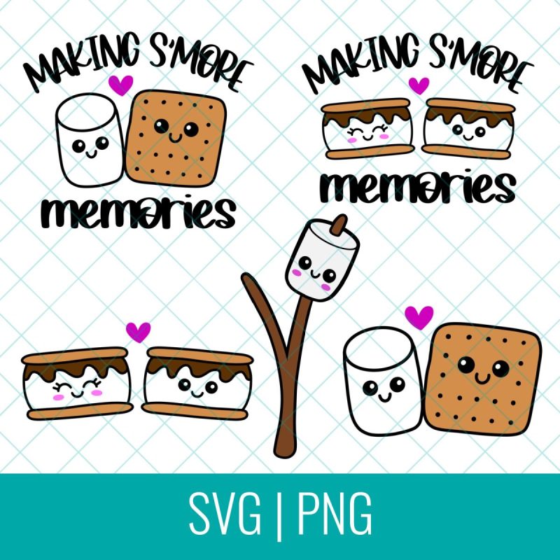 An image displaying a bundle of Kawaii-style s'mores-themed designs. The designs feature adorable illustrations of marshmallows, graham crackers, and chocolate, creating a cute and playful vibe for crafting projects.