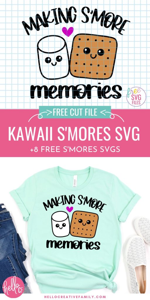 "Making S'more Memories" SVG design featuring an adorable Kawaii Marshmallow and Graham cracker surrounded by s'mores elements.