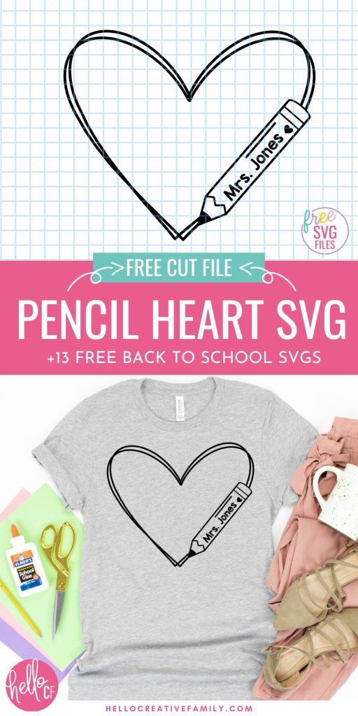 Ready for a creative back-to-school season? Grab 13 free SVG files for teachers and kids. From whimsical school buses to designs you can customize with a teachers name, use these designs and your Cricut cutting machine to bring smiles and creativity to your classroom. Features an adorable hand-drawn heart design with pencil that you can put the teacher's name on. 