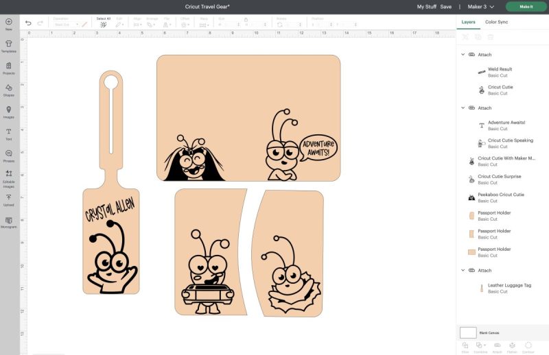 Cricut Design Space Canvas with a luggage tag and passport holder laid out on it.