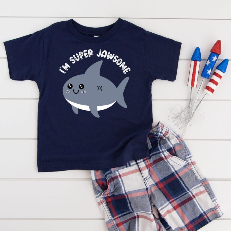 Blue shirt with I'm Super Jawsome and a kawaii shark on front