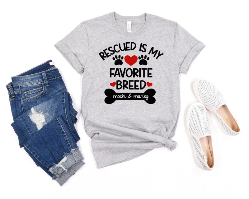 Grey t-shirt with the design Rescued Is My Favorite Breed on the front