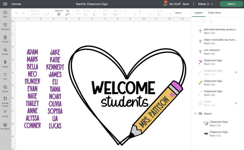 Cricut Design Space Screen with a classroom sign laid out.