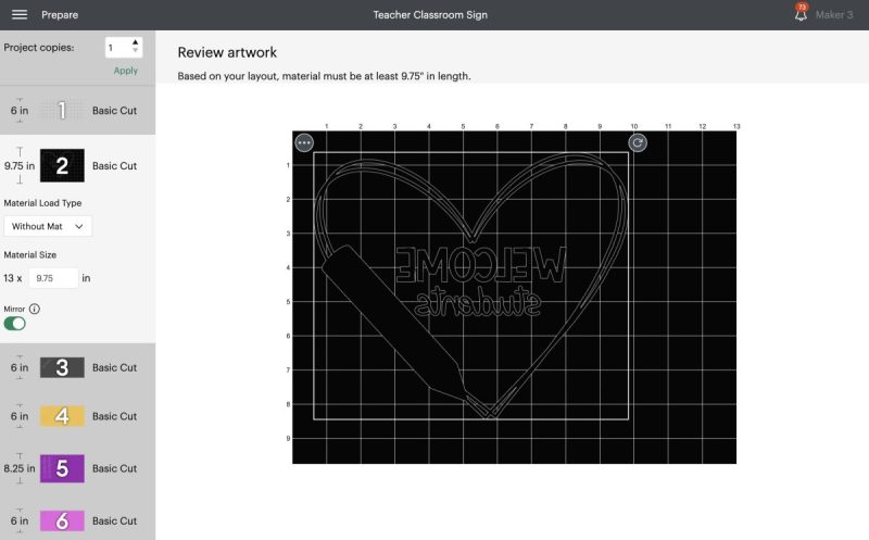 Cricut Design Space screen with cutting mats and mirror slider.