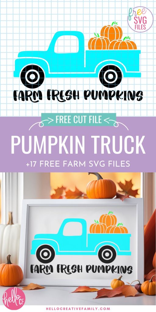 Collage with a Farm Fresh Pumpkins SVG with an adorable blue vintage truck From Crystal at Hello Creative Family. Has a picture frame with the design inside surrounded by leaves and pumpkins.
