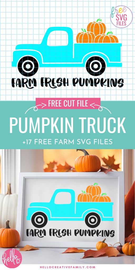 Collage with a Farm Fresh Pumpkins SVG with an adorable blue vintage truck From Crystal at Hello Creative Family. Has a picture frame with the design inside surrounded by leaves and pumpkins. 