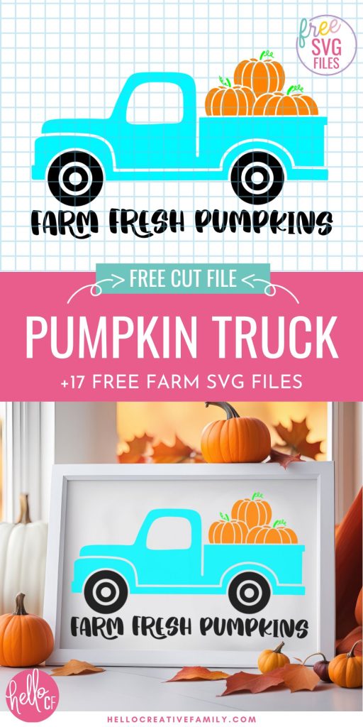 Collage with a Farm Fresh Pumpkins SVG with an adorable blue vintage truck From Crystal at Hello Creative Family. Has a picture frame with the design inside surrounded by leaves and pumpkins.