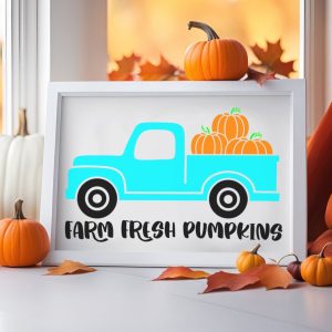 Picture frame with a design that reads Farm Fresh Pumpkins with an adorable blue vintage truck From Crystal at Hello Creative Family. Frame is surrounded by leaves and pumpkins.