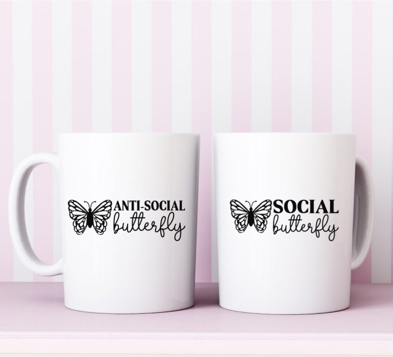 Social Butterfly & Anti-Social Butterfly Mugs