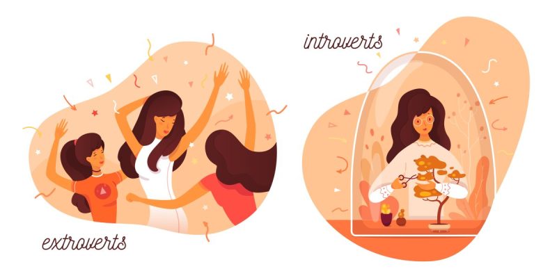 Introverts and Extroverts image with a girl in an extrovert situation dancing and a girl quietly crafting as an introvert at home. 