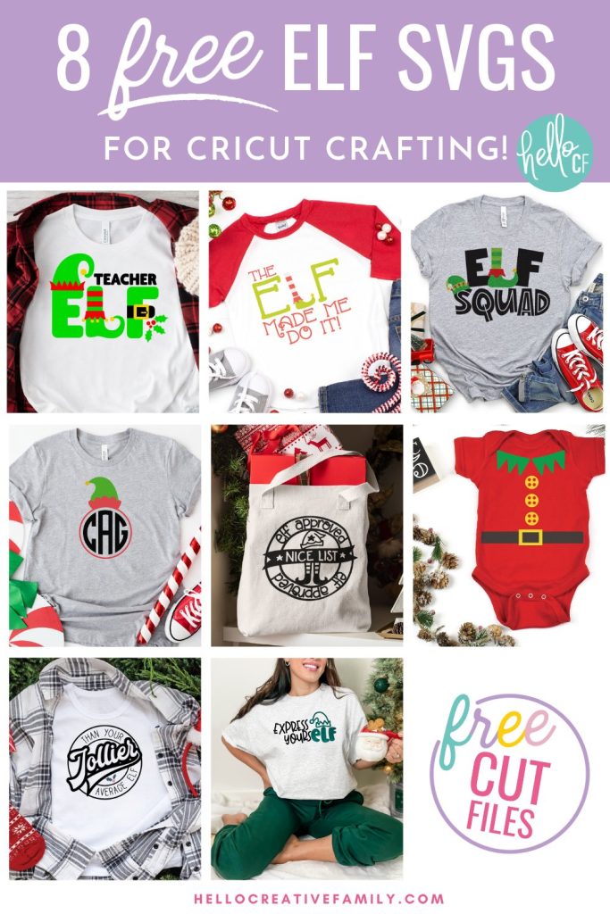 Get your Cricut Christmas crafting started with 8 Free Elf SVG Files! Use these cut files to make shirts, ugly Christmas sweaters, Santa sacks, holiday decor and so much more using your Cricut Maker, Cricut Explore, Cricut Joy or other cutting machine! Includes Teacher Elf SVG Files that's perfect for school teachers!