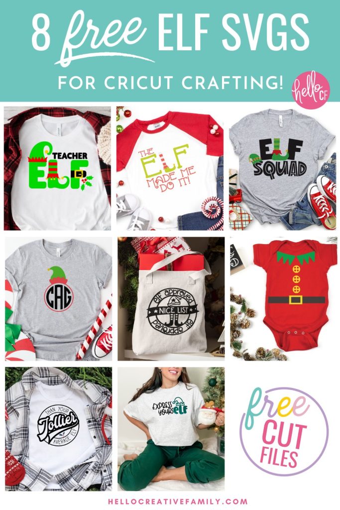 Get your Cricut Christmas crafting started with 8 Free Elf SVG Files! Use these cut files to make shirts, ugly Christmas sweaters, Santa sacks, holiday decor and so much more using your Cricut Maker, Cricut Explore, Cricut Joy or other cutting machine! Includes Teacher Elf SVG Files that's perfect for school teachers!