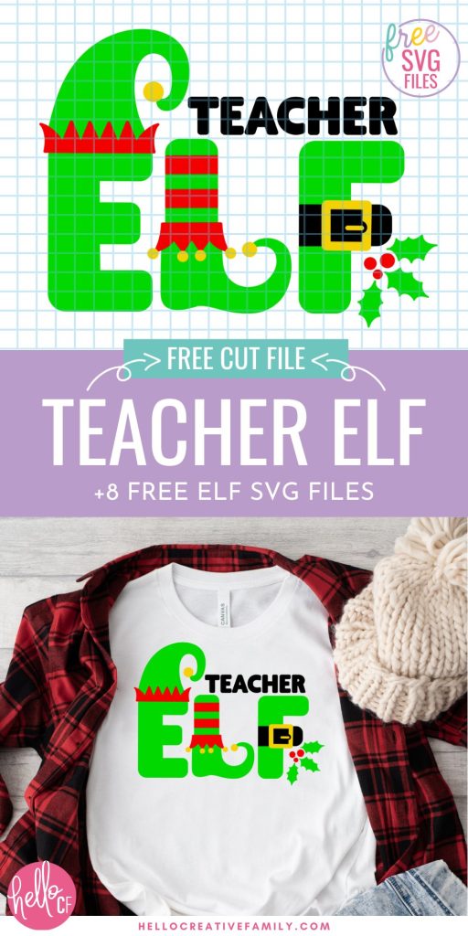 Get your Cricut Christmas crafting started with 8 Free Elf SVG Files! Use these cut files to make shirts, ugly Christmas sweaters, Santa sacks, holiday decor and so much more using your Cricut Maker, Cricut Explore, Cricut Joy or other cutting machine! Includes Teacher Elf SVG Files that's perfect for school teachers!