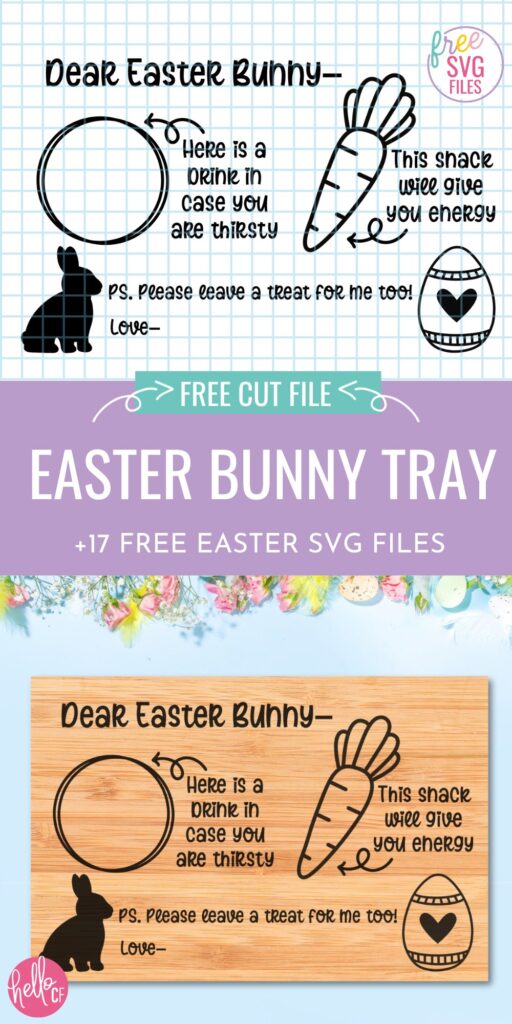 Leave a snack for the Easter Bunny with this adorable free Easter Bunny Tray SVG. Use this file with your Cricut or Glowforge cutting machine. Includes 17 Free Easter SVG Files for Easter crafting!