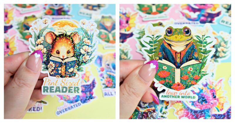 Two sticker designs to promote reading featuring adorable animals reading books.