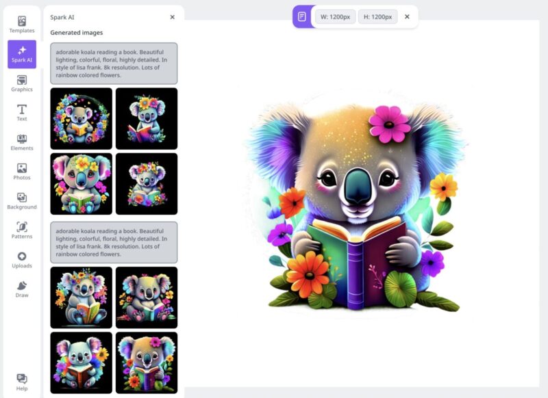 Designing koala reading stickers in Creative Fabrica Studio