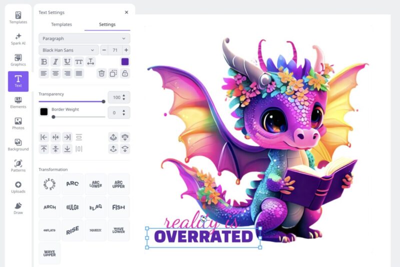Designing dragon reading stickers in Creative Fabrica Studio
