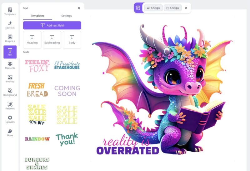 Designing dragon reading stickers in Creative Fabrica Studio