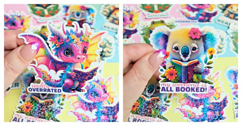 Two sticker designs to promote reading featuring adorable animals reading books.