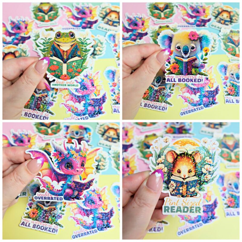 Four sticker designs to promote reading featuring adorable animals reading books.