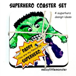 Superhero Handprint Coasters by Messy Little Monster