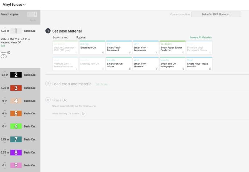 Cricut material selection screen.