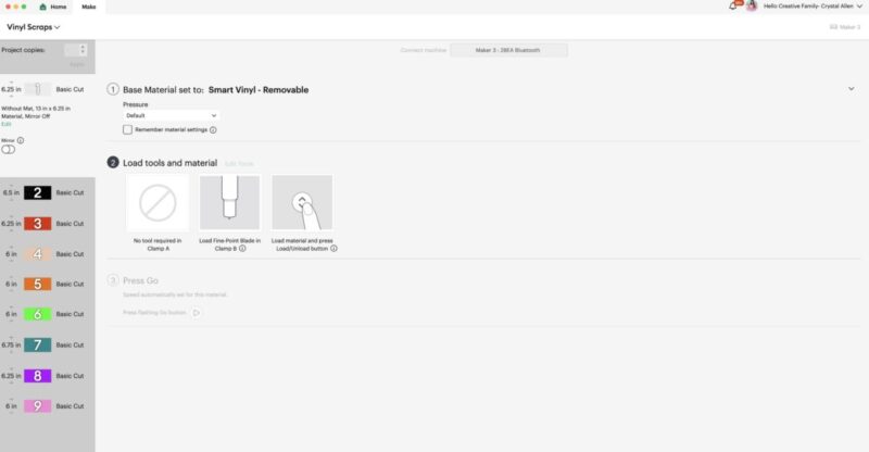 Cricut Load Materials Screen