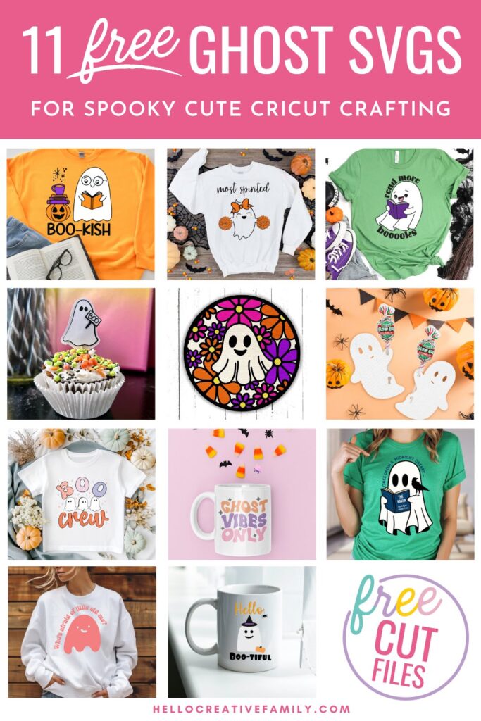 Download 11 free SVG files with cute ghost designs, including an adorable kawaii a ghost with reading glasses, a book, and the playful saying "Boo-kish" beneath! Perfect for Halloween Cricut crafting, these spooky but sweet designs are ideal for Halloween crafting. Grab them all!