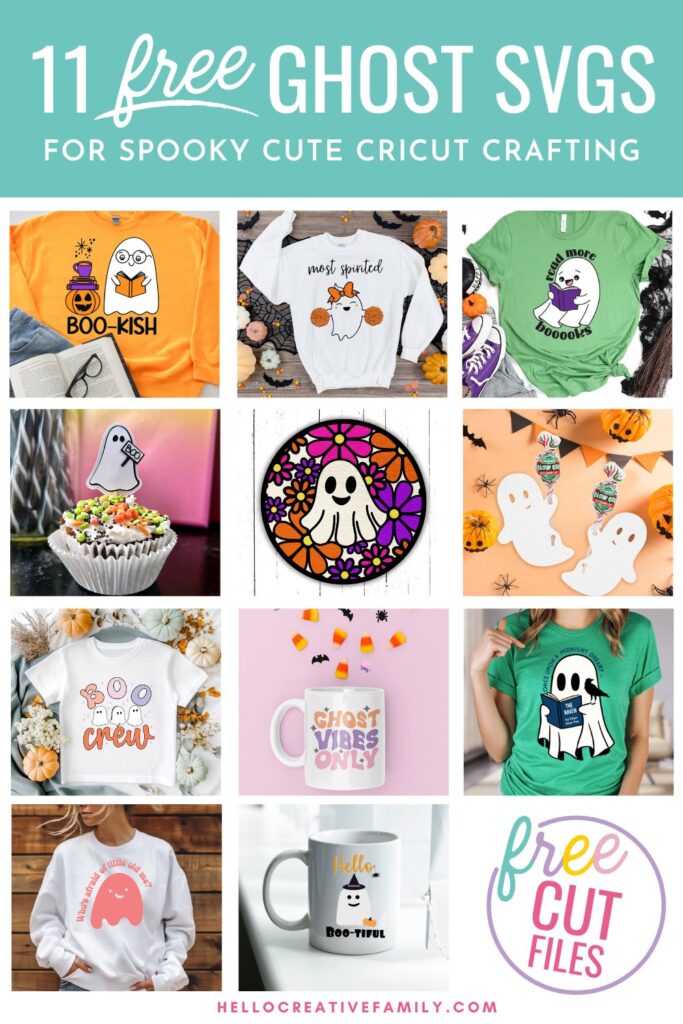 Download 11 free SVG files with cute ghost designs, including an adorable kawaii a ghost with reading glasses, a book, and the playful saying "Boo-kish" beneath! Perfect for Halloween Cricut crafting, these spooky but sweet designs are ideal for Halloween crafting. Grab them all!