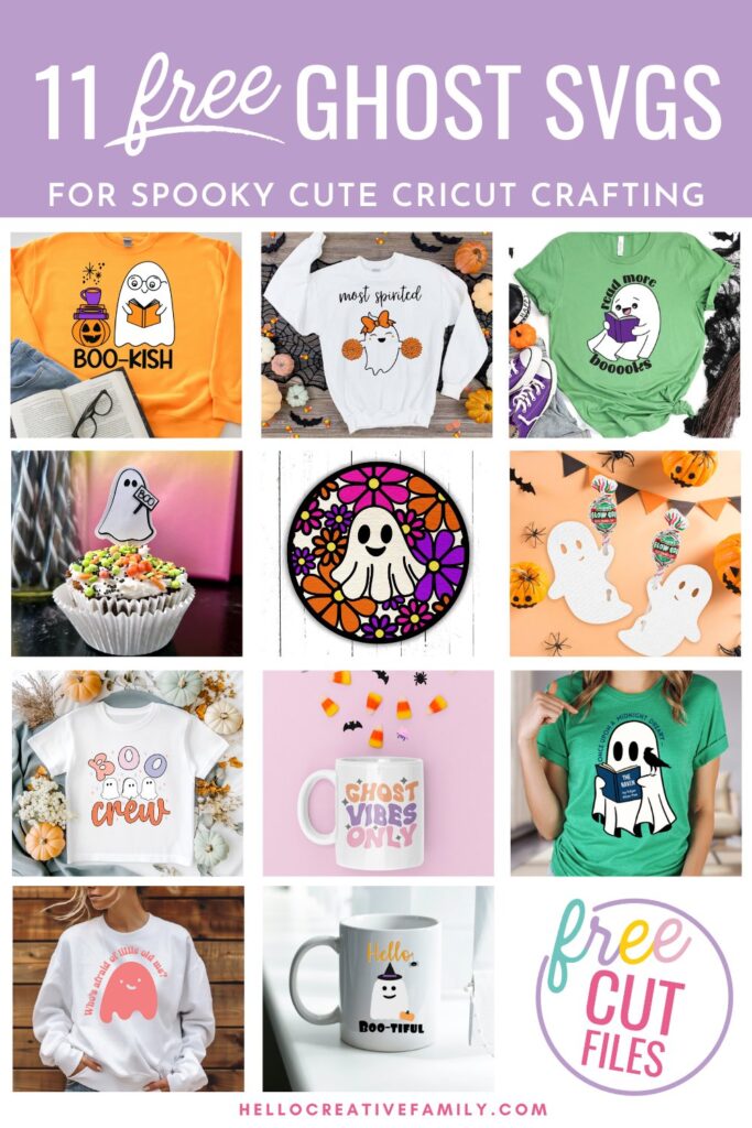 Download 11 free SVG files with cute ghost designs, including an adorable kawaii a ghost with reading glasses, a book, and the playful saying "Boo-kish" beneath! Perfect for Halloween Cricut crafting, these spooky but sweet designs are ideal for Halloween crafting. Grab them all!
