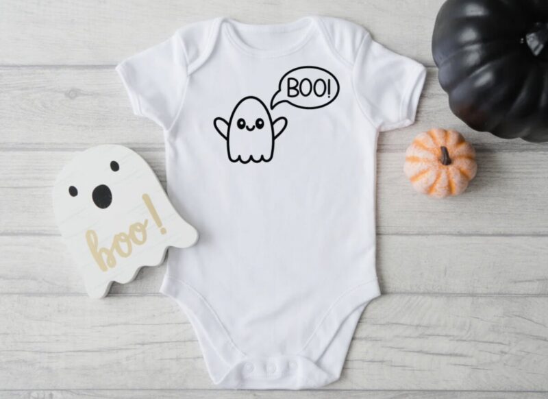 Boo Ghost on a white onesie. Design From Hello Creative Family