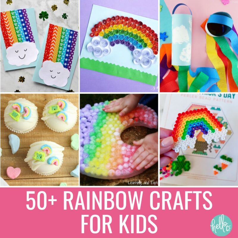 Collage of 50+ rainbow crafts for kids including STEAM projects, paint, paper, clay and so much more.