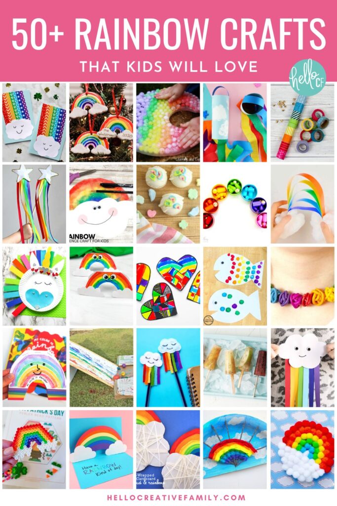 Collage of 50+ rainbow crafts for kids including STEAM projects, paint, paper, clay and so much more.