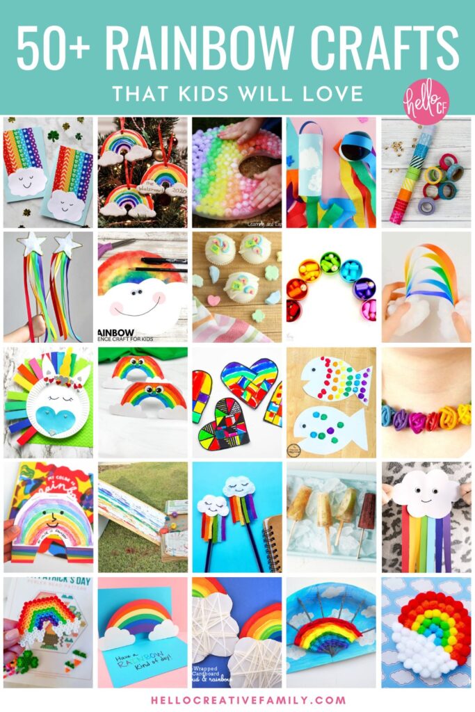 Collage of 50+ rainbow crafts for kids including STEAM projects, paint, paper, clay and so much more.