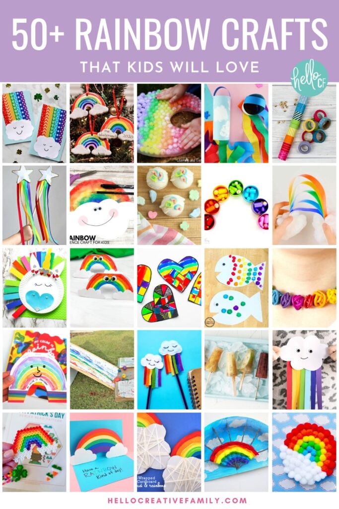 Collage of 50+ rainbow crafts for kids including STEAM projects, paint, paper, clay and so much more.