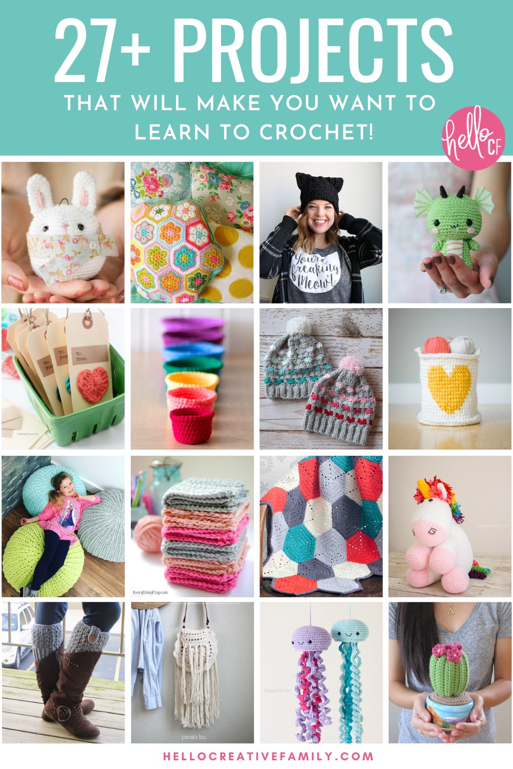 Collage of 27 amazing crochet projects for beginner and advanced crocheters alike.