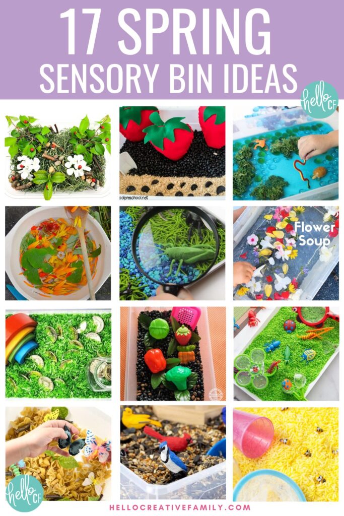 Collage of 17 Spring Sensory Bin Ideas