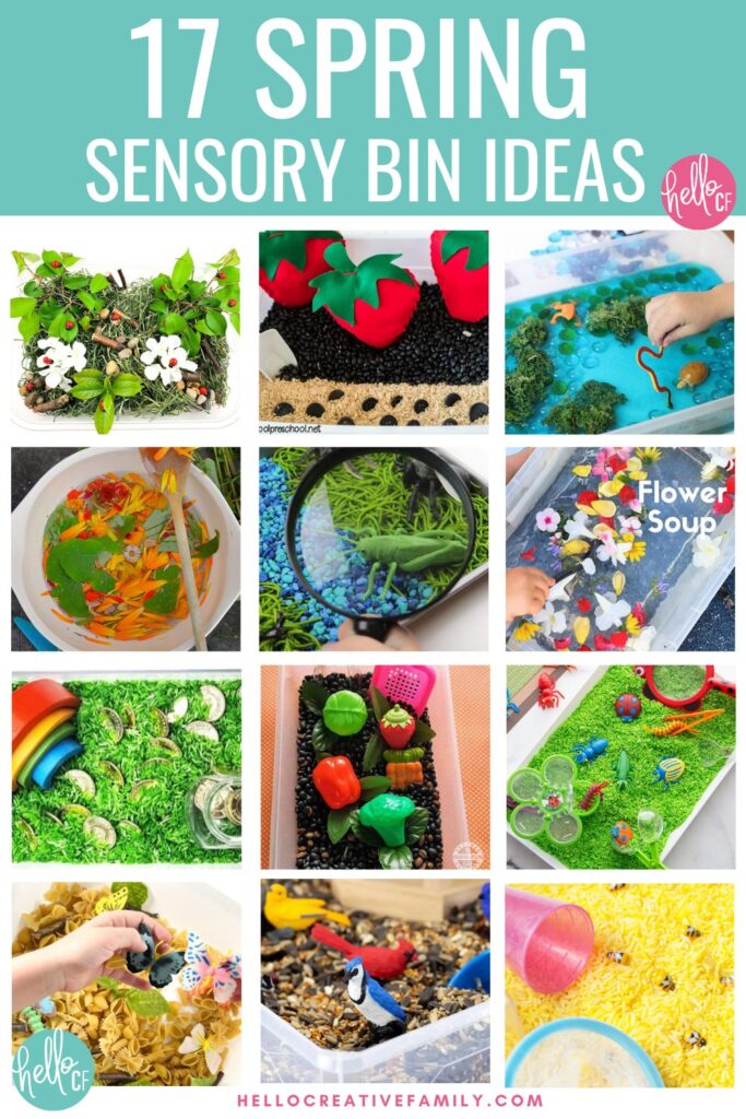 Collage of 17 Spring Sensory Bin Ideas