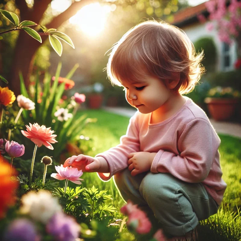 Young child in a garden looking at flowers.