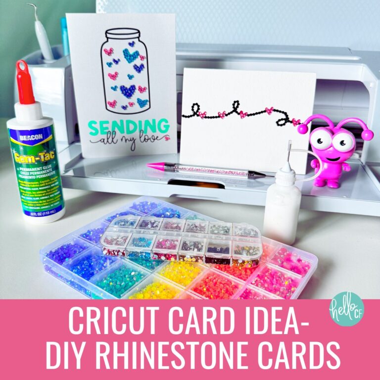 Two rhinestone cards sitting in front a a Cricut Maker 3 with supplies for making rhinestone cards