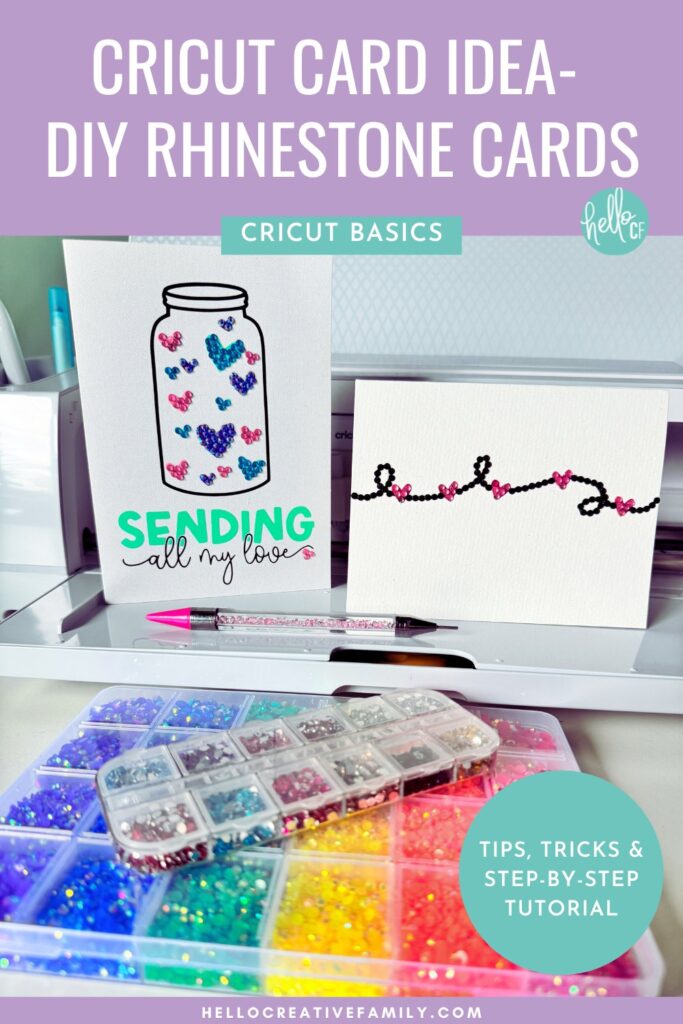 Two rhinestone cards sitting in front a a Cricut Maker 3 with supplies for making rhinestone cards