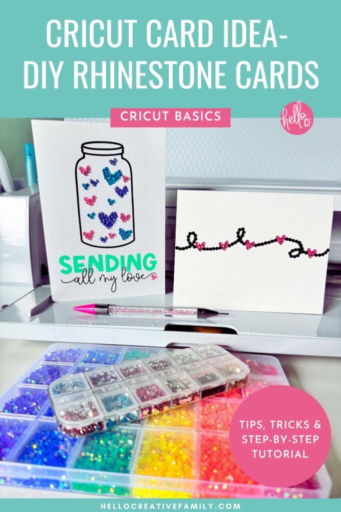 Two rhinestone cards sitting in front a a Cricut Maker 3 with supplies for making rhinestone cards