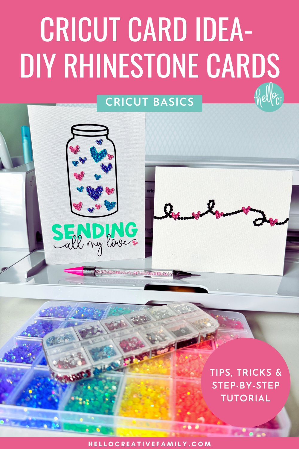 Two rhinestone cards sitting in front a a Cricut Maker 3 with supplies for making rhinestone cards